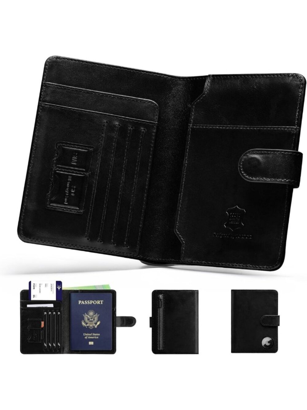 Travel Passport Holder - Full Grain Leather RFID Wallet with Airtag & Magnetic